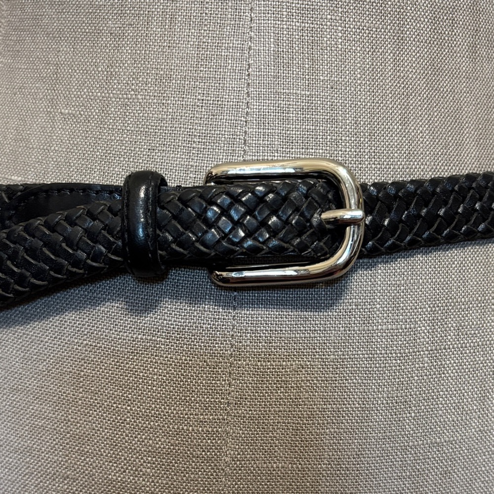 Talbots Black Braided Leather Belt with Shiny Silver Buckle